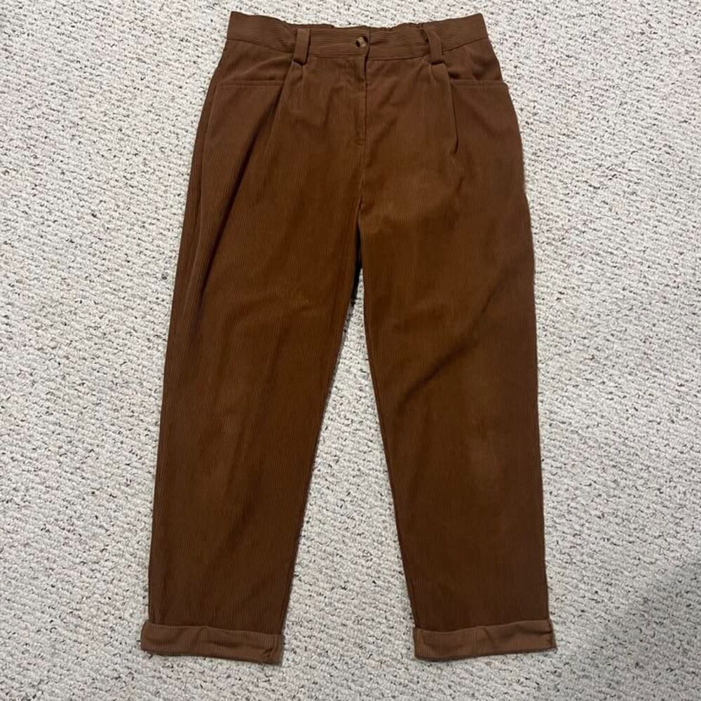 Vintage NiMin High-Waisted Brown Corduroy Pleated Elastic Waist Trouser Pants XL
